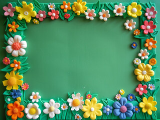 Naklejka na ściany i meble A frame made of plasticine and there is an empty space in the middle, decorated with flowers and plants design in the style of children's drawings.