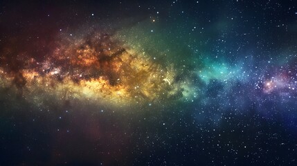 Colorful space background of nebula and stars with horizontal rainbow colors, vibrant milky way galaxy backdrop