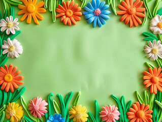 A frame made of plasticine and there is an empty space in the middle, decorated with flowers and plants design in the style of children's drawings.