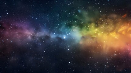 Colorful space background of nebula and stars with horizontal rainbow hues, vibrant milky way galaxy backdrop