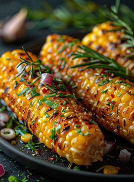 Naklejki Food illustration, grilled sweet corn, lying on an old rustic plate, unusual background. It is very beautiful and appetizing. Restaurant menu. Homemade food. Rosemary and spices.