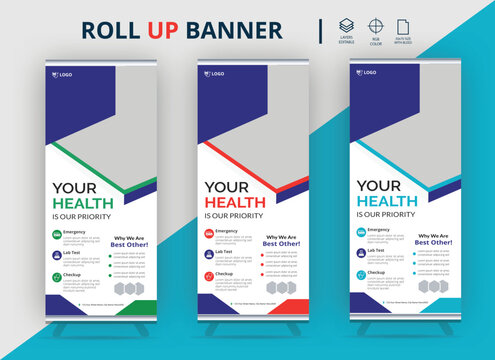 Creative Minimalist Professional and Corporate Medical roll up banner template design,Health care medical agency roll up standee banner template