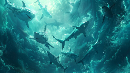 A school of sharks swimming in a mesmerizing abstract fluid background.