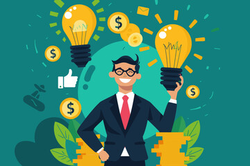Businessman with lightbulb idea for online business, web development and earning concept, vector illustration.