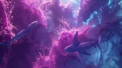 A school of sharks swimming in a mesmerizing abstract fluid background.