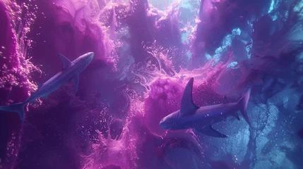 Fotobehang A school of sharks swimming in a mesmerizing abstract fluid background. © Muhammad