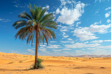 a beautiful desert landscape adorned with the presence of tall strong lively palm tree resembling life in  lifeless location