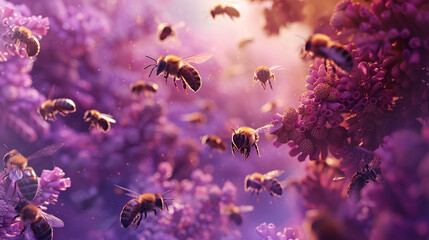 A swarm of bees buzzing around in a captivating abstract fluid background.