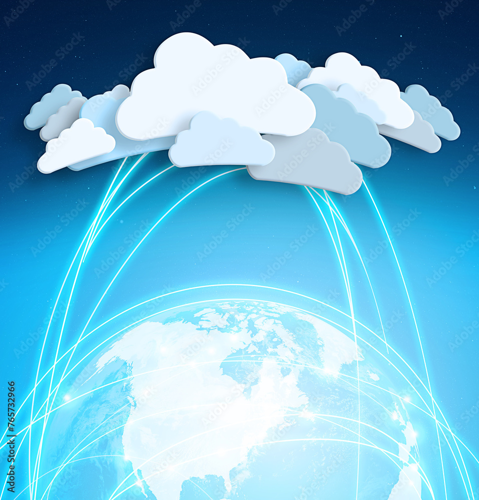 Poster cloud computing, icon and global with graphic, data and connectivity with digital transformation. ne