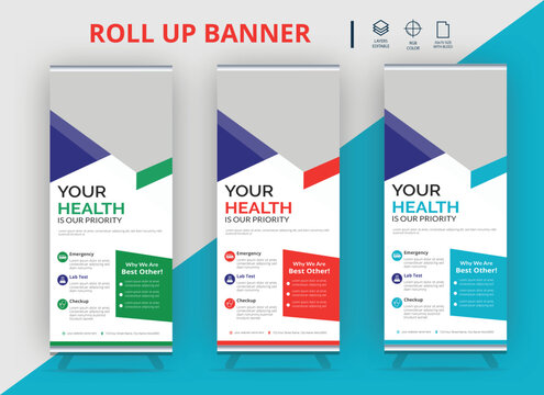 Modern and Creative Minimalist Professional and Corporate Medical roll up banner template design,Health care medical agency roll up standee banner template