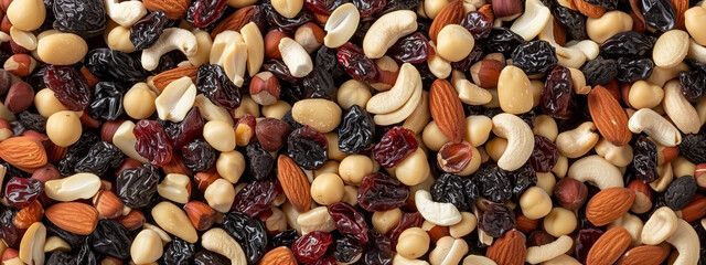 Different nuts mix with dried fruit texture background.