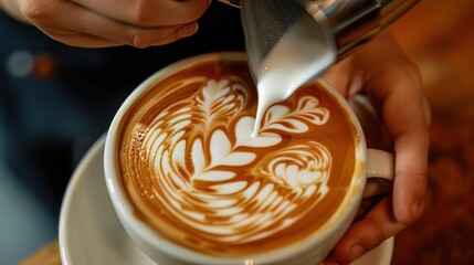 Closeup of hands crafting an intricate latte art design with steamed milk swirling into a perfect pattern