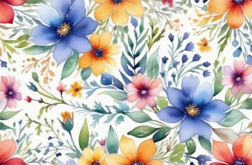 Seamless watercolor multi colour floral pattern on a white background 