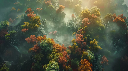 Abstract aerial view of a fantasy forest in autumn hues.
