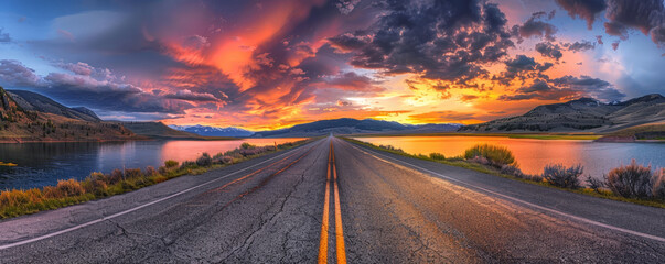 Journey to Dusk: Scenic Road Leading Towards a Sunset by the Mountains