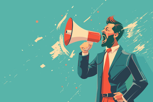 Businessman with megaphone making announcement, marketing communication for promotion or public relations, loud voice speech to employees, community or organization, effective messaging concept.