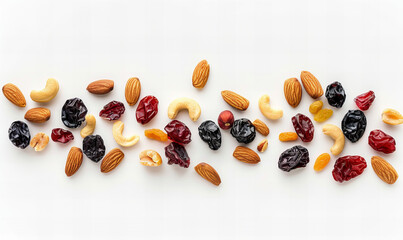Different nuts mix with dried fruit isolated, white background.