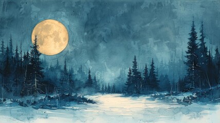 Winter moonlit forest watercolor illustration