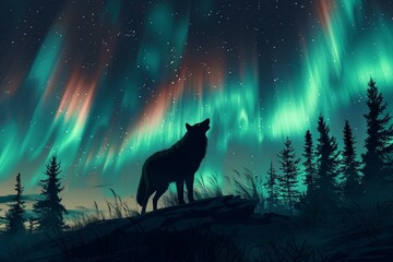 Arctic animals silhouette, aurora borealis background