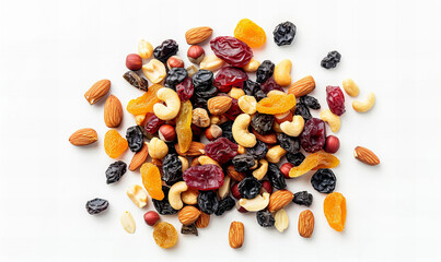 Different nuts mix with dried fruit isolated, white background.