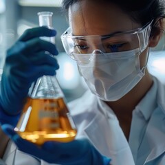 A closeup of a scientist observing a culture flask in a pharmaceutical research lab showcasing the development phase of drug manufacturing - obrazy, fototapety, plakaty