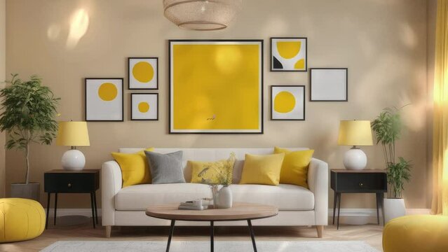 3D Rendering. Beige sofa with yellow cushions and two side tables with lamps on a bright yellow wall with poster frames. Classic home interior design modern living room