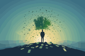 Businessman with money tree, financial growth and investment success concept, vector illustration.