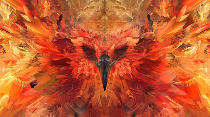Abstract digital art resembling a fiery phoenix in reds and oranges. ,