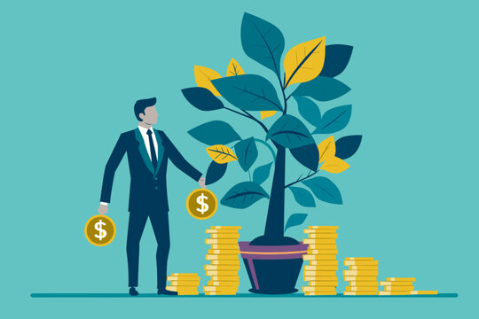 Businessman with money tree, financial growth and investment success concept, vector illustration.