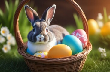 Easter bunny sitting in a basket with colored eggs. Easter