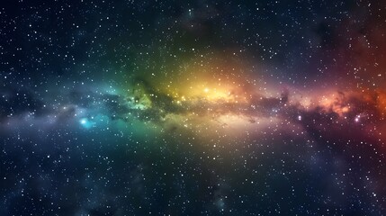 Colorful space background of nebula and stars with horizontal rainbow colors, vibrant milky way galaxy backdrop