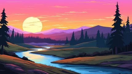 Wall stickers Candy pink beautiful view of sunset over lake wallpaper. A landscape of Sunset over lake. landscape with a lake and mountains in the background. landscape of mountain lake and forest with sunset in evening.