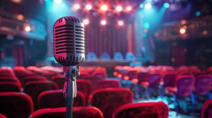Vintage style microphone against an auditorium with red seats and a stage with a red curtain....