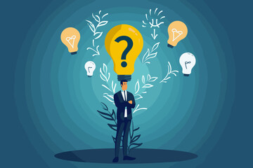 Businessman with question mark and lightbulb symbols, problem solving and creative solution concept, asking questions to find answers and ideas, FAQ or Q&A for business support and troubleshooting.