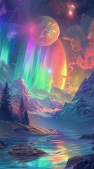 A planet where the night sky is filled with rainbow auroras, painting dreams in the atmosphere