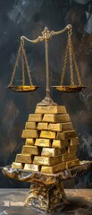 A scale unbalanced by gold bars, symbolizing the disparity and injustice stemming from corrupt practices - obrazy, fototapety, plakaty