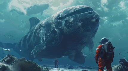 A space explorer stands before ancient aquatic titans, where two epochs collide beneath the sea - obrazy, fototapety, plakaty