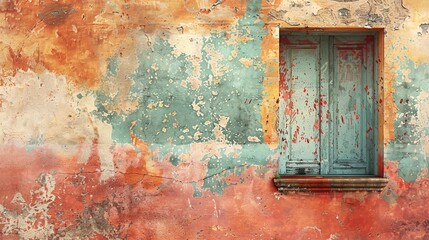 Weathered Wall With Peeling Paint In Warm Tones And Teal Accents. Vintage Window Shutter. Textured Background with Copy Space for text. AI Generated. AI Generated