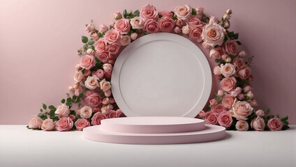Spring podium featuring 3D pink roses, ideal for showcasing beauty products. Summer garden backdrop adds a romantic touch, perfect for Valentine's or Easter gifts against a lush purple field scene.
