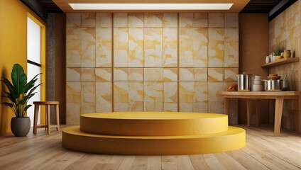 Empty kitchen podium with 3D pedestal platform for product display against a wooden backdrop. Modern design featuring abstract yellow lighting, ideal for showcasing culinary items
