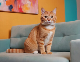 close shot of ginger cat sitting on sofa Abstract Expressionism paint