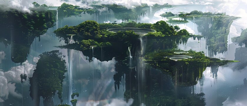 An ethereal landscape with floating islands and cascading waterfalls, depicting an otherworldly future environment