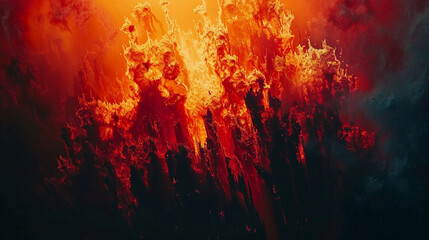 Abstract interpretation of a forest fire in reds, oranges, and blacks. , - obrazy, fototapety, plakaty