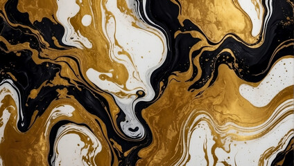 Luxurious black marble backdrop with abstract gold accents resembling fluid art. Modern design perfect for wallpapers or artistic representations of nature.