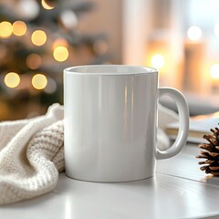 White blank mug mockup next to a knitted scarf with soft bokeh lights of a Christmas tree in the background.