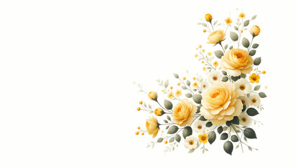 A yellow floral arrangement in the far right corner against a pure white background - obrazy, fototapety, plakaty