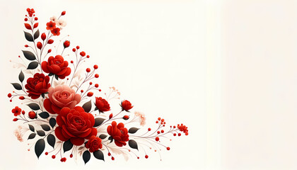 A red floral arrangement in the far right corner against a pure white background