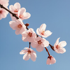a branch of pink sakura flower against a blue sky