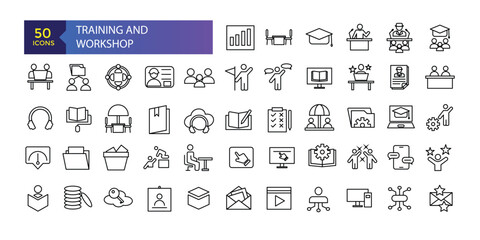 Training and workshop line icons collection. UI icon set in flat design. Recruitment, resume, candidate, interview simple icon.