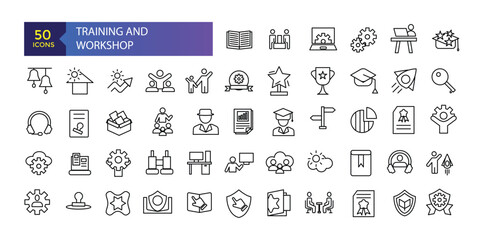 Fototapeta na wymiar Training and workshop line icons collection. UI icon set in flat design. Recruitment, resume, candidate, interview simple icon.
